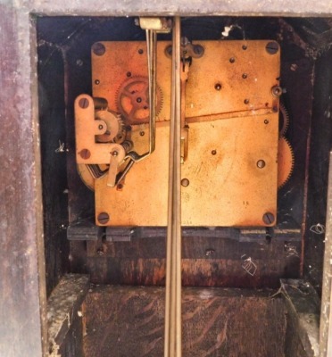 A 1920s oak grandmother clock, the silvered dial with Arabic numbers, 129cm high. - 3