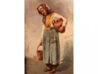 Raffaele Frigerio. Portrait of an old woman carrying a water pitcher and bucket