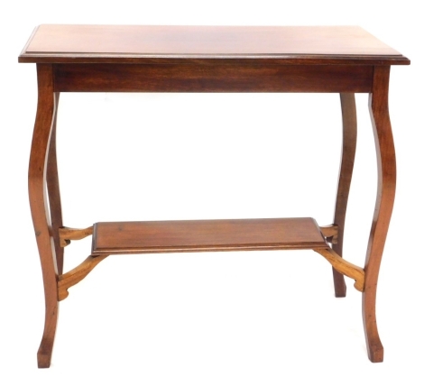 An Edwardian mahogany two tier occasional table, the rectangular top with a moulded edge on cabriole legs, 84cm wide.