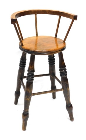 A late 19th/ early 20thC ash and elm workshop type stool, later adapted to make a high chair.