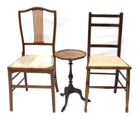 An Edwardian mahogany bedroom chair, a beech bedroom chair and a tripod table, (3)