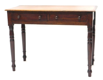 A 19thC mahogany side table, with two frieze drawers on turned tapering legs, 68cm high, 91cm wide.