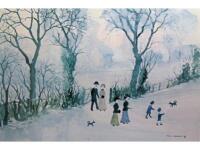 After Helen Bradley. Winter landscape with figures in the snow