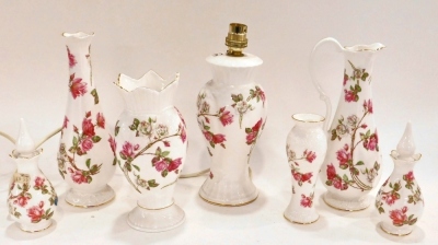 Four items of Aynsley Elizabeth Rose pattern china, comprising lamp, 31cm high, ewer, two vases and three further pieces similar. (7)