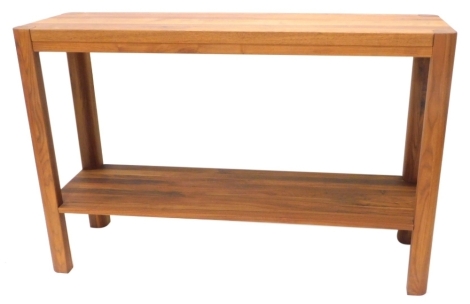 A Chris Sharp of Lincoln walnut two tier serving table, the rectangular top on shaped supports with undertier, maker's leaf carved to support, 89cm high, 137cm wide, 43.5cm deep.