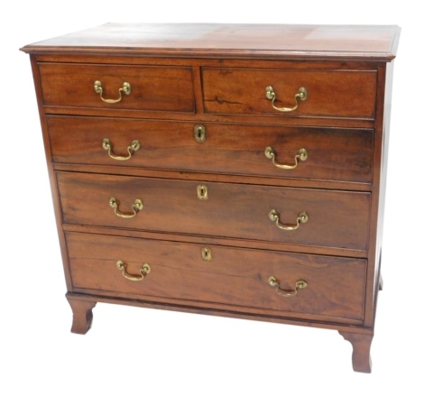 A George III yew chest of drawers, the top with a moulded edge above two short and three long drawers, on shaped bracket feet, 89cm high, 96cm wide, 50cm deep.