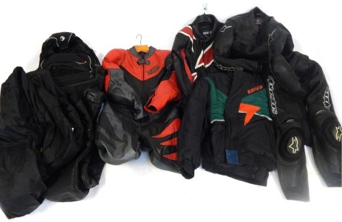 A quantity of motorcycle leathers, Akido jacket, Vipor jacket, black leather trousers, Cameron rucksack, etc. (a quantity)