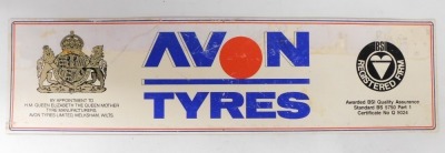 Two tyre advertising signs, comprising a Dunlop Tyres banner, 22cm x 30cm, and an Avon Tyres, 32cm x 120cm, (AF). (2) - 2