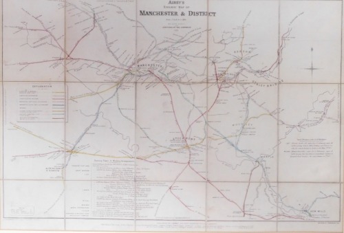 After Geoff Bell. Aries Railway Map of Manchester and District, presented to the Manchester Mess by George Bell, October 1981, 38cm x 53cm, framed and glazed, with booklet.