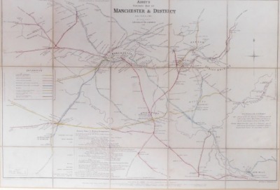 After Geoff Bell. Aries Railway Map of Manchester and District, presented to the Manchester Mess by George Bell, October 1981, 38cm x 53cm, framed and glazed, with booklet.