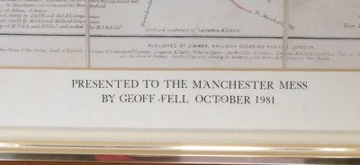 After Geoff Bell. Aries Railway Map of Manchester and District, presented to the Manchester Mess by George Bell, October 1981, 38cm x 53cm, framed and glazed, with booklet. - 3