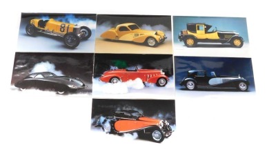 A group of loose automobilia related prints, to include The Miller Roadster 1929, Bugatti Atlantic Coupe 1937, Phantom Corsair 1938, Ford Lincoln Coaching Brougham 1926, Bugatti Royal Coupe De Ville 1931, Bugatti Coupe 50T 1932, and a Duesemberg Speedster