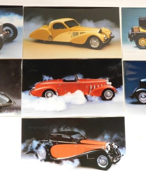 A group of loose automobilia related prints, to include The Miller Roadster 1929, Bugatti Atlantic Coupe 1937, Phantom Corsair 1938, Ford Lincoln Coaching Brougham 1926, Bugatti Royal Coupe De Ville 1931, Bugatti Coupe 50T 1932, and a Duesemberg Speedster - 3