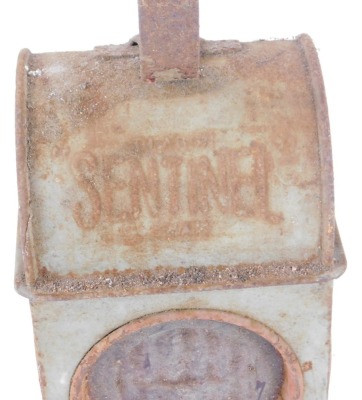 A Sentinel roadworks lantern, in metal casing with red mottled panes. - 2