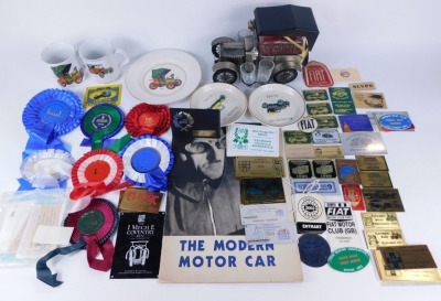 A group of automobilia related trophies, cups, plates and badges, Yorkshire Motoring Festival, ribbons and others, and a novelty car decanter and shot glass set, etc. (2 trays) - 2