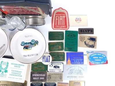 A group of automobilia related trophies, cups, plates and badges, Yorkshire Motoring Festival, ribbons and others, and a novelty car decanter and shot glass set, etc. (2 trays) - 4