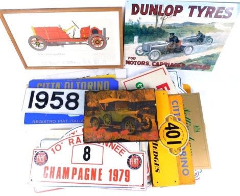 A group of automobilia related metal and plastic signs and posters, to include Fiat Italiano plaques and banners, classic and sports car panels, Norwich Union RAC Classic, Dunlop Tyres, wooden panel, framed print of Italia 1907 Copa Florio. (a quantity)