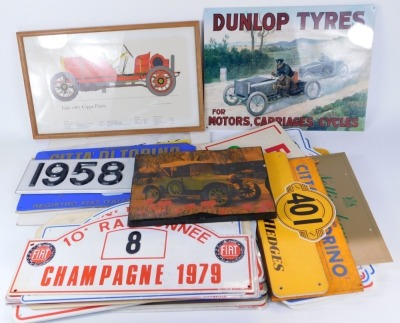 A group of automobilia related metal and plastic signs and posters, to include Fiat Italiano plaques and banners, classic and sports car panels, Norwich Union RAC Classic, Dunlop Tyres, wooden panel, framed print of Italia 1907 Copa Florio. (a quantity) - 2
