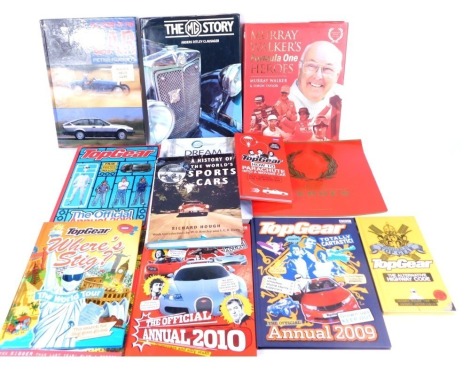 Automobile related books, comprising Top Gear The Alternative Highway Code, Top Gear How To Parachute Into A Moving Car, A History Of The Worlds Sports Cars, Top Gears Where's Stig Annual, annuals for 2009, 2010, 2011, and 2012, Top Gear's Dream Cars, Mur