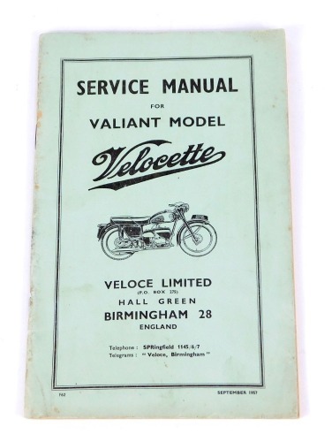 A service manual for the Valiant model Velocette, hall green Birmingham 28, F62, September 1957.