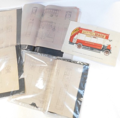 A group of London bus plans, each showing the frame work of London buses, and a coloured print of the iconic red bus. (a quantity) - 4