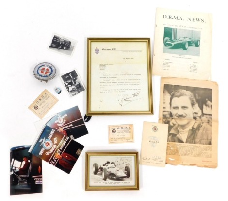Graham Hill and BRM interest, including a framed facsimile of a letter from Graham Hill to the Young Master Adrian Barnard in 1963 with the mentioned signed photograph referenced in the letter, both framed, photograph of Master Barnard with the transporte