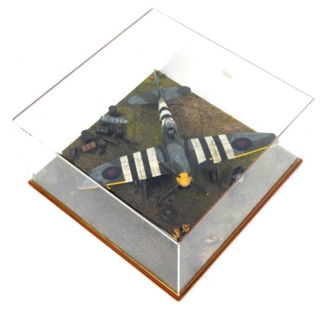 A 1:32 scale cased diorama model of an RAF WWII Hawker Tempest, 20cm high, 39cm wide, 29cm deep.