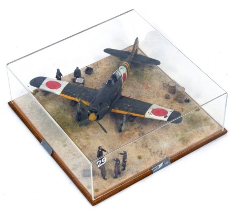 A 1:32 scale cased diorama model of a Nakajima Hayate Ki-84, Frank WWII fighter, 13cm high, 34cm wide, 34cm deep.