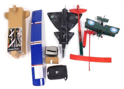 A remote control SkyNova aeroplane, boxed, together with further model aeroplane parts, Turnigy Power Systems, and a model bi-plane. (a quantity)