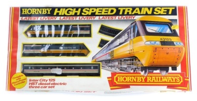 A Hornby OO gauge high speed train set, Intercity 125, HST diesel electric three car set, with mains power controller, incomplete, boxed.