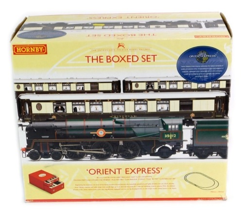 A Hornby OO gauge Venice Simplon Orient Express, containing a BR4-6-2 "United States Line" Merchant Navy Class locomotive, R1038, boxed.