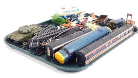 A Lima OO gauge diesel locomotive, two coaches, diecast vehicles, farmyard animals and assorted toys. (1 tray)