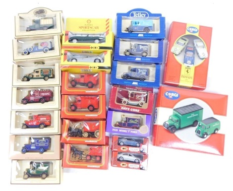 Corgi, Lledo and other diecast vintage trucks, including Tetley tea bags, Royal Mail and Cadburys, a Corgi British Road Surfaces diecast two vehicle set, 97200, and a Corgi diecast Ferrari 1962 Tourist Trophy set 97690, all boxed. (1 tray plus)