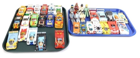 Corgi, Matchbox and other diecast Formula racing cars, vintage car, and seven Tamiya figures of racing drivers. (2 trays)