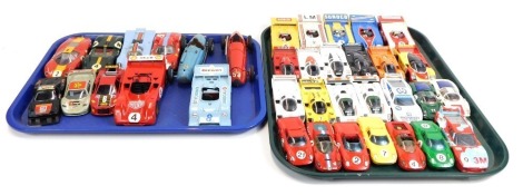 Burago, Polistil, Matchbox and other diecast vintage and modern racing cars, two Merrit plastic vintage racing cars, etc. (2 trays)