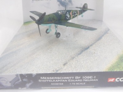 Corgi diecast models of WWII Legends fighter and bomber planes, comprising a Hawker Hurricane MKI, Messerschmitt BM109E-1, Focke Wulff W190A-3, five Avro Lancaster Guy Gibson and Super Marine Spitfire MK1, all boxed. - 2