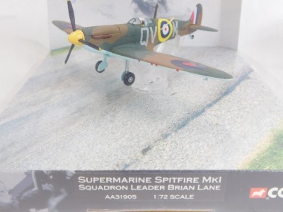 Corgi diecast models of WWII Legends fighter and bomber planes, comprising a Hawker Hurricane MKI, Messerschmitt BM109E-1, Focke Wulff W190A-3, five Avro Lancaster Guy Gibson and Super Marine Spitfire MK1, all boxed. - 3