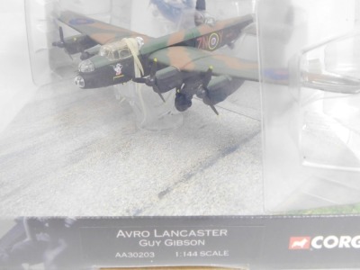 Corgi diecast models of WWII Legends fighter and bomber planes, comprising a Hawker Hurricane MKI, Messerschmitt BM109E-1, Focke Wulff W190A-3, five Avro Lancaster Guy Gibson and Super Marine Spitfire MK1, all boxed. - 4