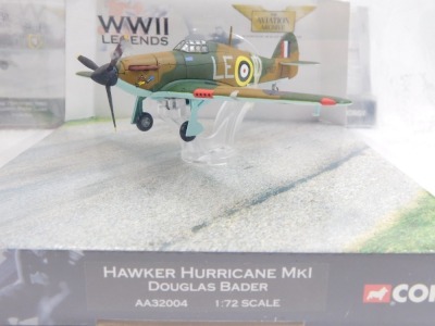 Corgi diecast models of WWII Legends fighter and bomber planes, comprising a Hawker Hurricane MKI, Messerschmitt BM109E-1, Focke Wulff W190A-3, five Avro Lancaster Guy Gibson and Super Marine Spitfire MK1, all boxed. - 5