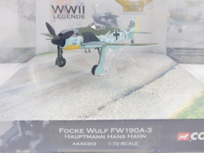 Corgi diecast models of WWII Legends fighter and bomber planes, comprising a Hawker Hurricane MKI, Messerschmitt BM109E-1, Focke Wulff W190A-3, five Avro Lancaster Guy Gibson and Super Marine Spitfire MK1, all boxed. - 6