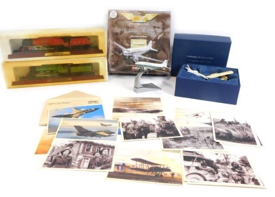 A Corgi Aviation Archive Frontier Airliners Douglas DC3-Air Atlantic, scale 1:144, 47107, a Co-operative Day Trade Commemorative Flight set, both boxed, static models of a Duchess LMS and LNER Flying Scotsman locomotives, and postage cards of vintage aero