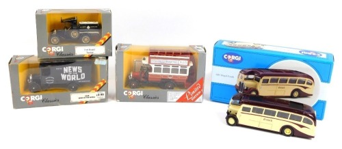 Four Corgi diecast vehicles, comprising AC Regal coach, a Thornycroft Bus, R0595, News of World Vintage van, C848, and a Ford Model T Tanker, all boxed. (4)