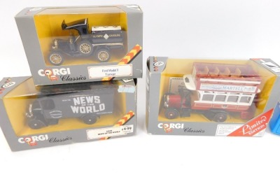Four Corgi diecast vehicles, comprising AC Regal coach, a Thornycroft Bus, R0595, News of World Vintage van, C848, and a Ford Model T Tanker, all boxed. (4) - 2