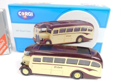 Four Corgi diecast vehicles, comprising AC Regal coach, a Thornycroft Bus, R0595, News of World Vintage van, C848, and a Ford Model T Tanker, all boxed. (4) - 3