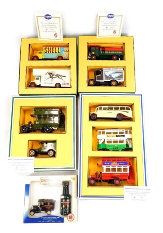 A Corgi Diecast Set 60 Years Of Transport (C89), Transport Through The Ages (C88) limited edition AEC tanker and Thornycroft van, No 1035/5000, and Bedford Vans limited edition 3712/5000, and a Days Gone By Cockburn's Special Reserve Port and diecast mod
