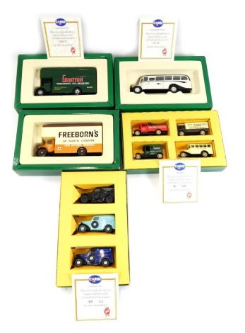 Five Corgi limited edition sets, comprising Grattans Pantechnicon 4503/7500, Bronte Bedford OB Coach 0713/7500, Cameo set 2320/5000, Prebon of London Long Distance Removals Van, and Ford Popular Vans 102/5000, all boxed.