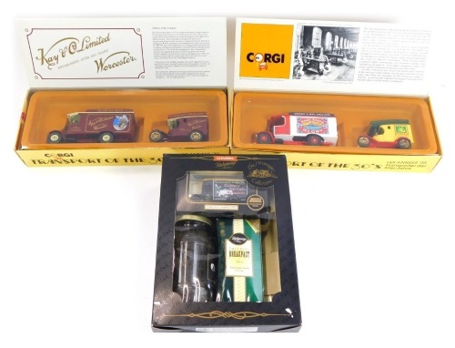 Corgi limited edition diecast Thornycroft and Ford Model T delivery vans, K and Company Limited Worcester, Bryant and May's Thornycroft and Ford Model T delivery vans, and a Lledo diecast Chivers Olde English Marmalade vintage van with marmalade and imper