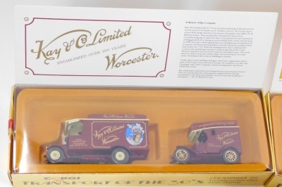 Corgi limited edition diecast Thornycroft and Ford Model T delivery vans, K and Company Limited Worcester, Bryant and May's Thornycroft and Ford Model T delivery vans, and a Lledo diecast Chivers Olde English Marmalade vintage van with marmalade and imper - 2