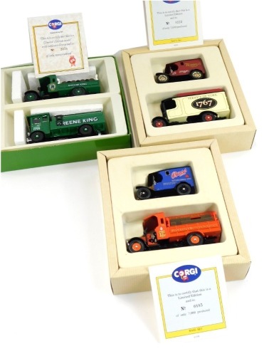 A Corgi diecast limited edition Greene King 2478/5000, Terry's Of York Thornycroft van and Model T van set, and a Bass Model T van and Thornycroft set, all boxed. (3)