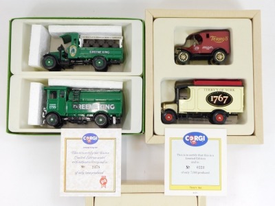 A Corgi diecast limited edition Greene King 2478/5000, Terry's Of York Thornycroft van and Model T van set, and a Bass Model T van and Thornycroft set, all boxed. (3) - 2